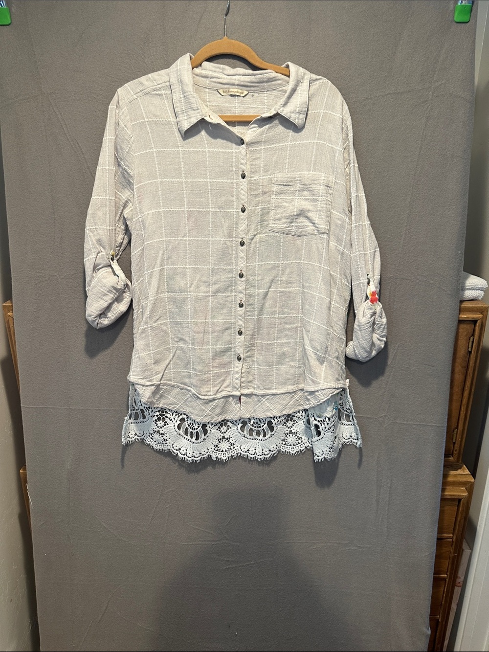 Soft Surroundings Light Gray Windowpane Button-Up
